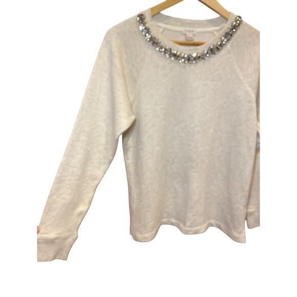 J. Crew Rhinestone Jewel Neckline Holiday Heathered Cream Sweatshirt 100% Cotton - Picture 7 of 12